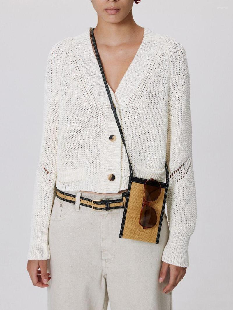

Women' Knits Women V-Neck White Knit Cardigan 2023 Early Spring Lady Long Sleeve Hollow Out Single-Breasted Sweater Knitwear Tops