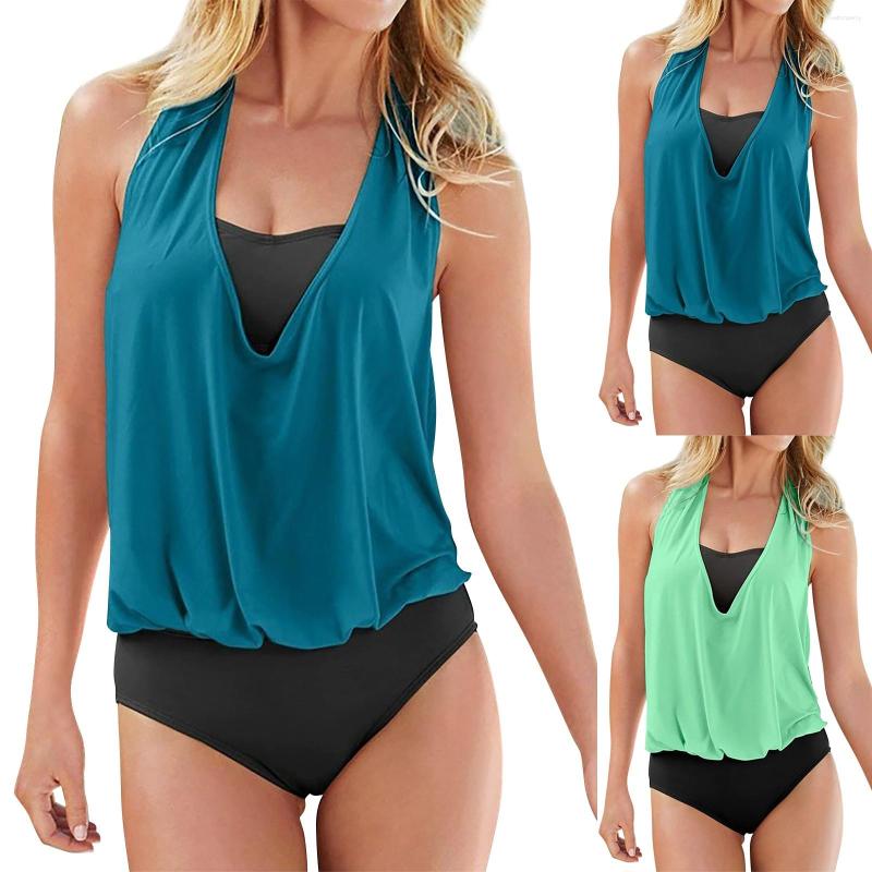 

Women's Swimwear Women's Solid Color Vintage Backless V Neck Tie Tankini 3 Piece Swimsuit Dot Bikini