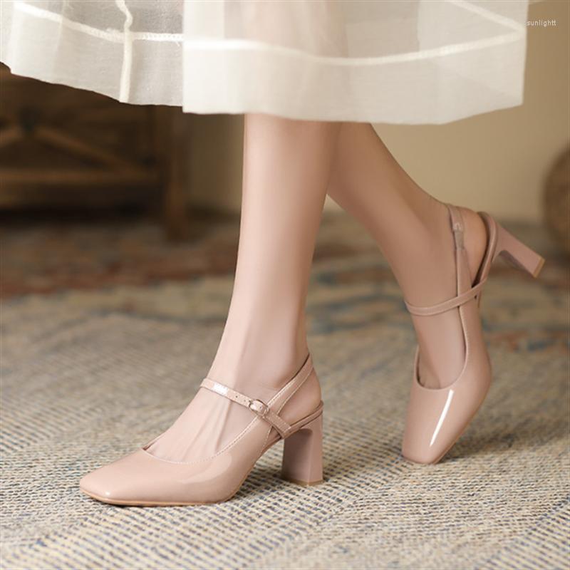 

Dress Shoes Retro Square Toe High Heels For Women 2023 Thick Heeled Empty Roman Sandals Summer Slingbacks Pumps, Beige