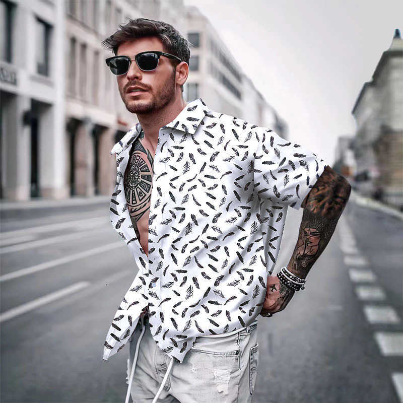 

Casual Lapel 2023 Print Thin Hawaiian Floral Youth Short-sleeved Shirt designer shirts Men, Ds-5 feather white