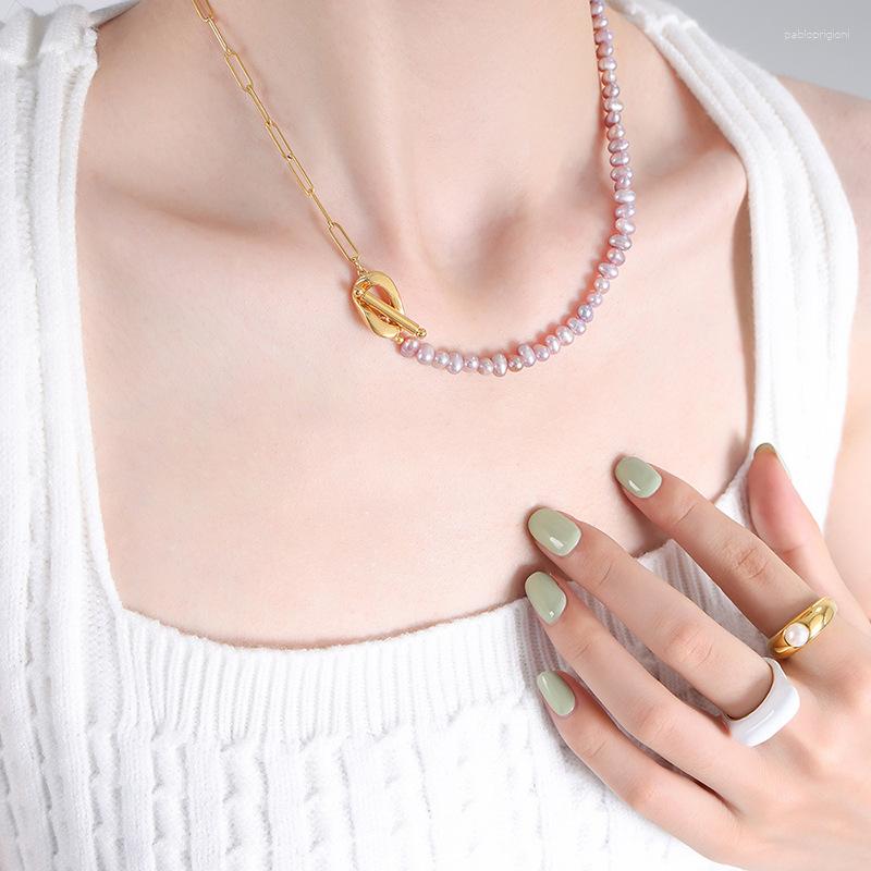 

Choker Minar Trendy Purple Freshwater Pearl For Women 18K Gold PVD Plated Titanium Steel Asymmetric OT Clasp Necklace