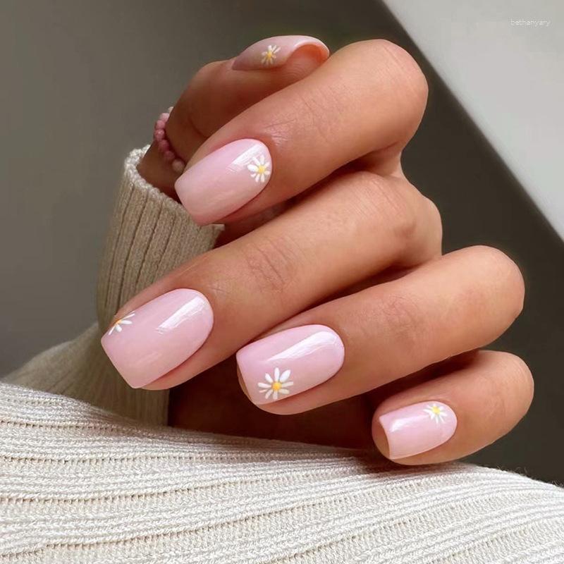 

False Nails 24Pcs Flower Square Head For Girls Manicure Full Cover Nail Tips Detachable Fake Set Press On Wholesale, Only false nails