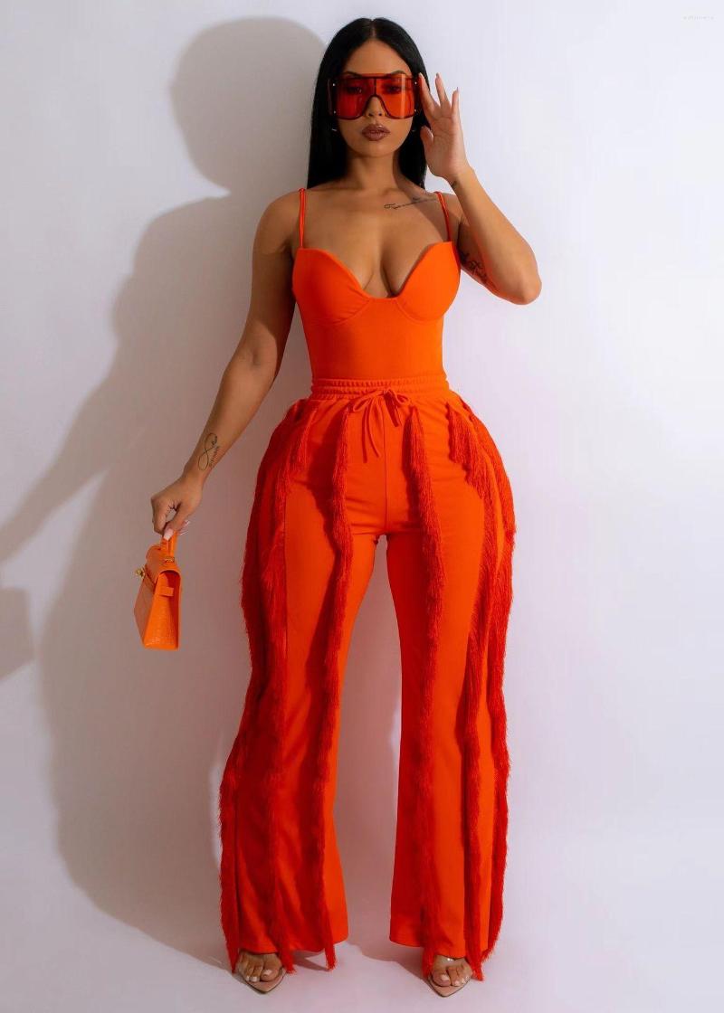 

Women' Two Piece Pants Women Summer Solid Sexy Casual Tassel Sling Halter Suits Sleveeless Long Sets Lace Up Deep V Neck 2023, Orange
