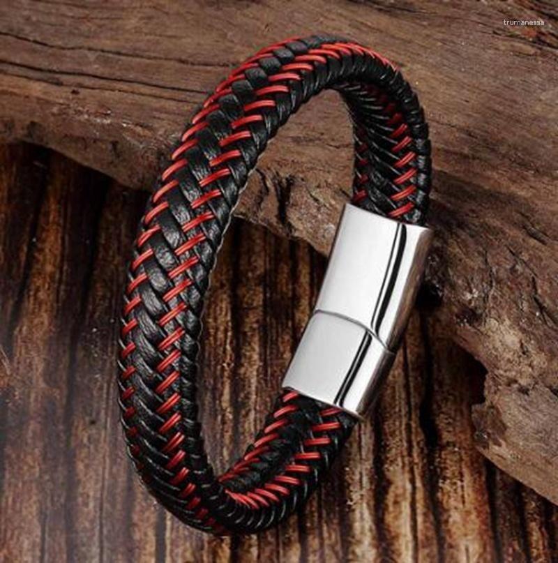 

Bangle Men Red Braided Leather Bracelet Black Magnetic Clasp Raym22