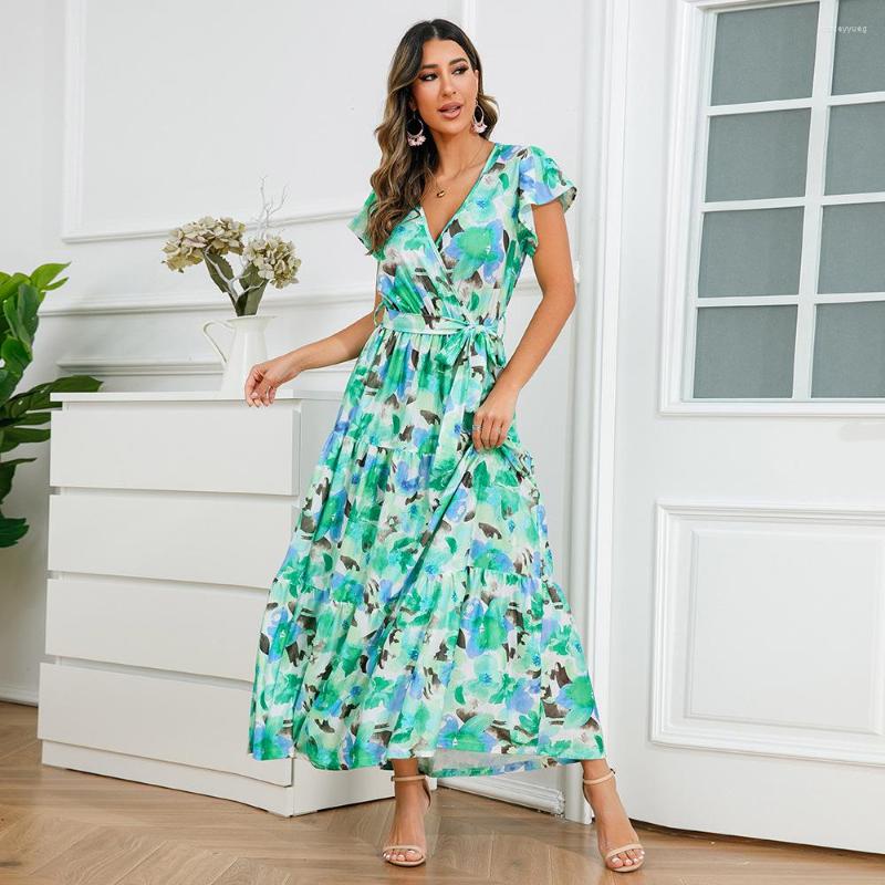 

Party Dresses 2023 Summer Flare Sleeve Maxi Dress Bohemian Floral Printing Wrap V Collar Plus Size A-line Ankle Length Vestidos Mujer, Rose