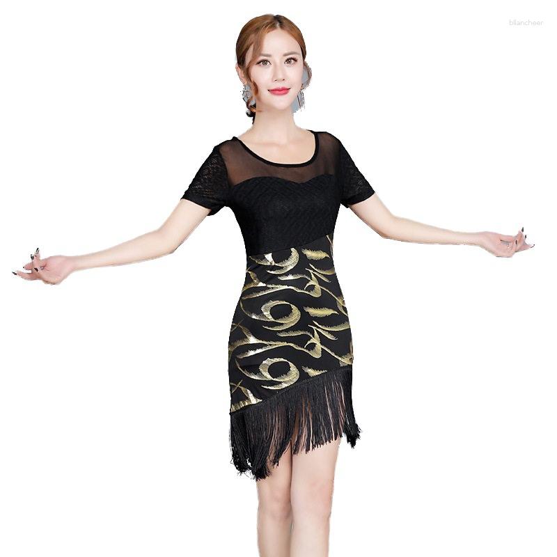 

Stage Wear Women Latin Dance Fringe Skirt Lace Short Sleeve Printing Ballroom Costume Performance Practice Dress Tassel Belly Clothes