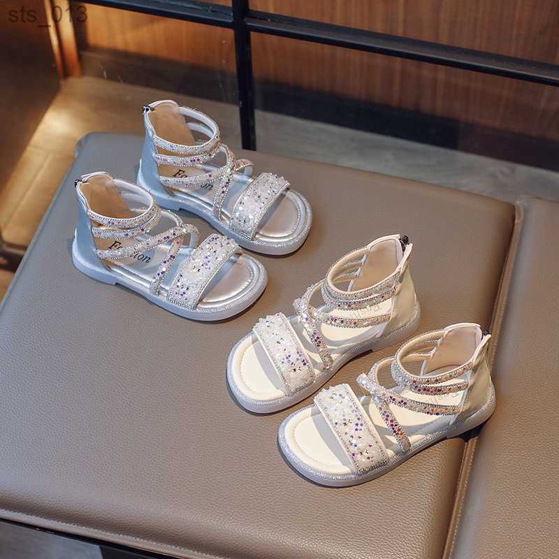 

Summer Childrens Girls Princess Sandals Bowknot Star Sequins Soft Shoes Non-slip Rhinestone Fashion Kids Sandals Girl G05162 L230518, Silver