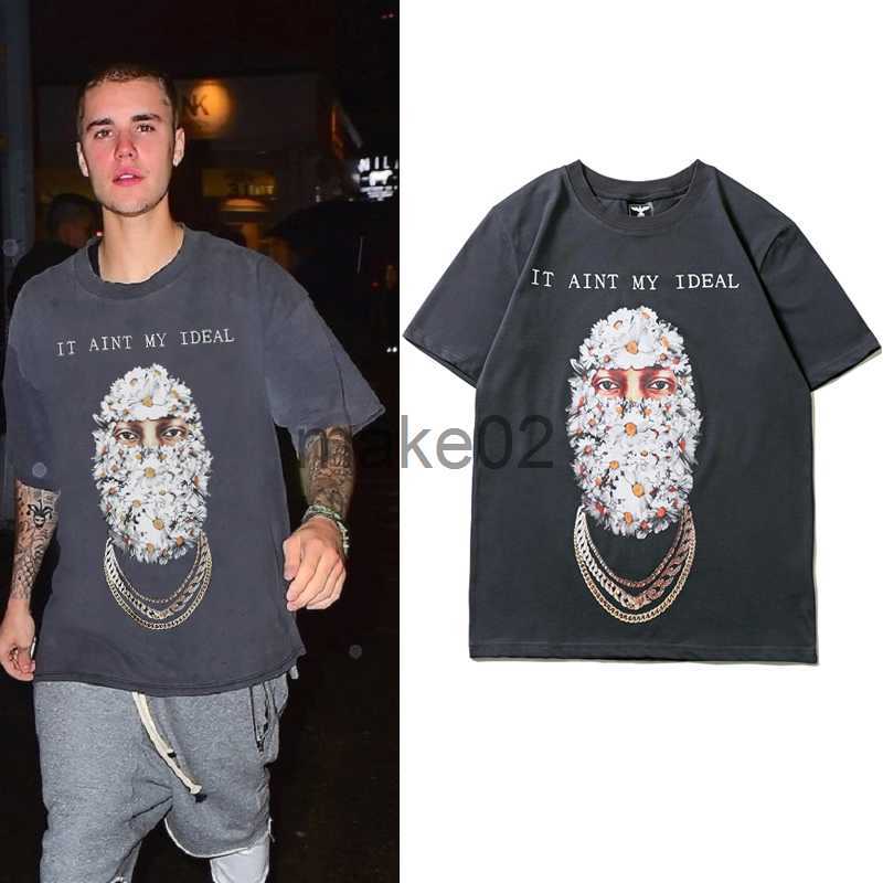 

Men's T-Shirts Hip Hop Flower Mask Men Letter Print Casual Short Sleeve Mens Tshirts Crew Neck Oversized Cotton Streetwear Loose Top Tees x0621, Black