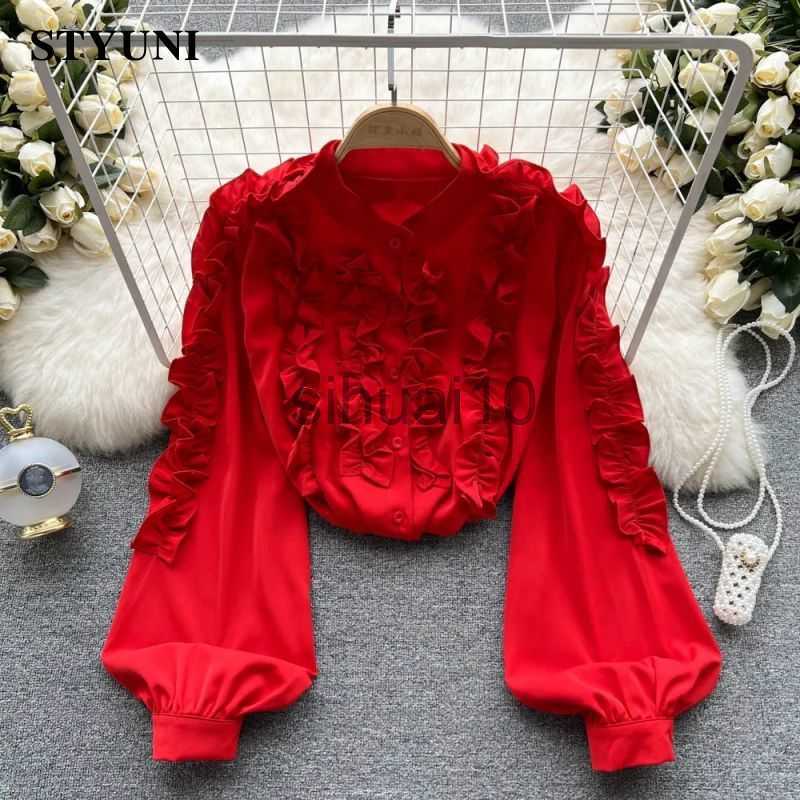 

Women's Blouses Shirts French Vintage Fungus Edge Three-dimensional decoration Women's Blouse Shirt Lantern Sleeve Single Breasted Blouses Spring 2023 J230621, Beige