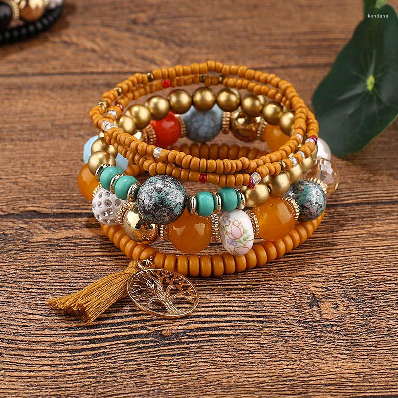

Link Bracelets 4PCS Boho Beaded Bracelet Tassel Tree Of Life Pendant For Women Elastic Band Ethnic Style Bangles Jewelry