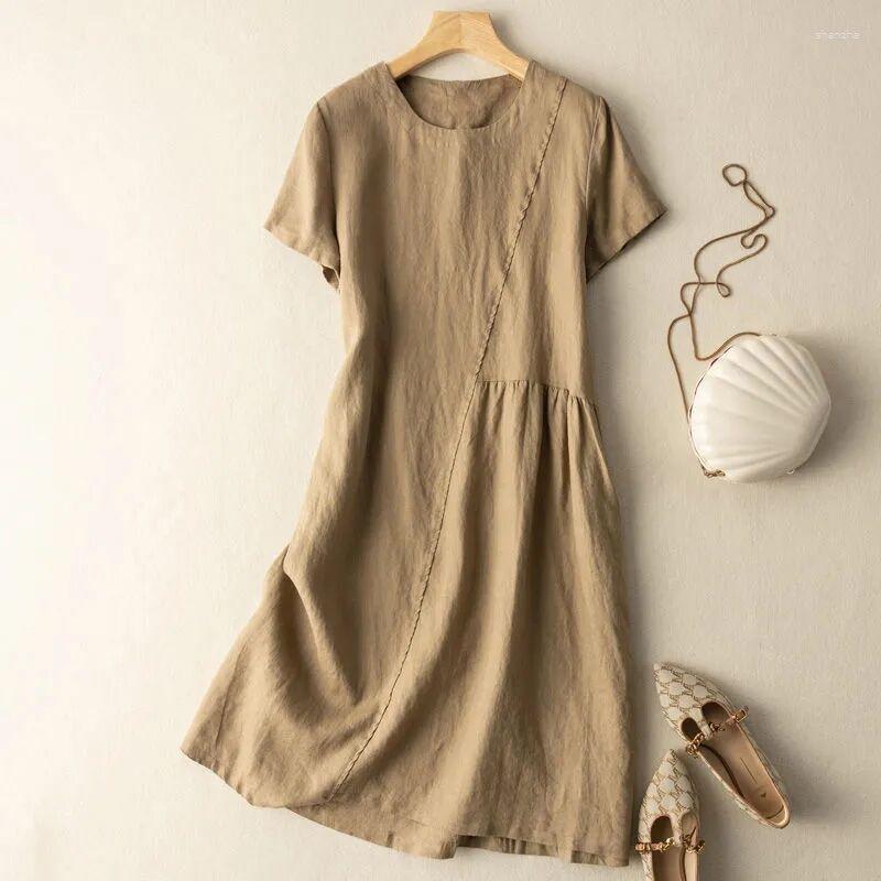 

Party Dresses Cotton Short-sleeved Dress Female 2023 Summer Retro Literature Simple Temperament Loose Round Neck Casual Medium-length Dres, Khaki