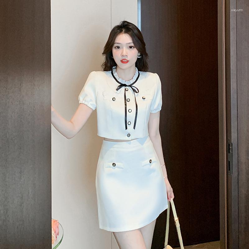 

Work Dresses Sweet Girl Summer Suit Women' White Round Neck Short-sleeved Coat Top Wrap Hip Mini Skirt Two-piece Set Fashion Female, 2pc set
