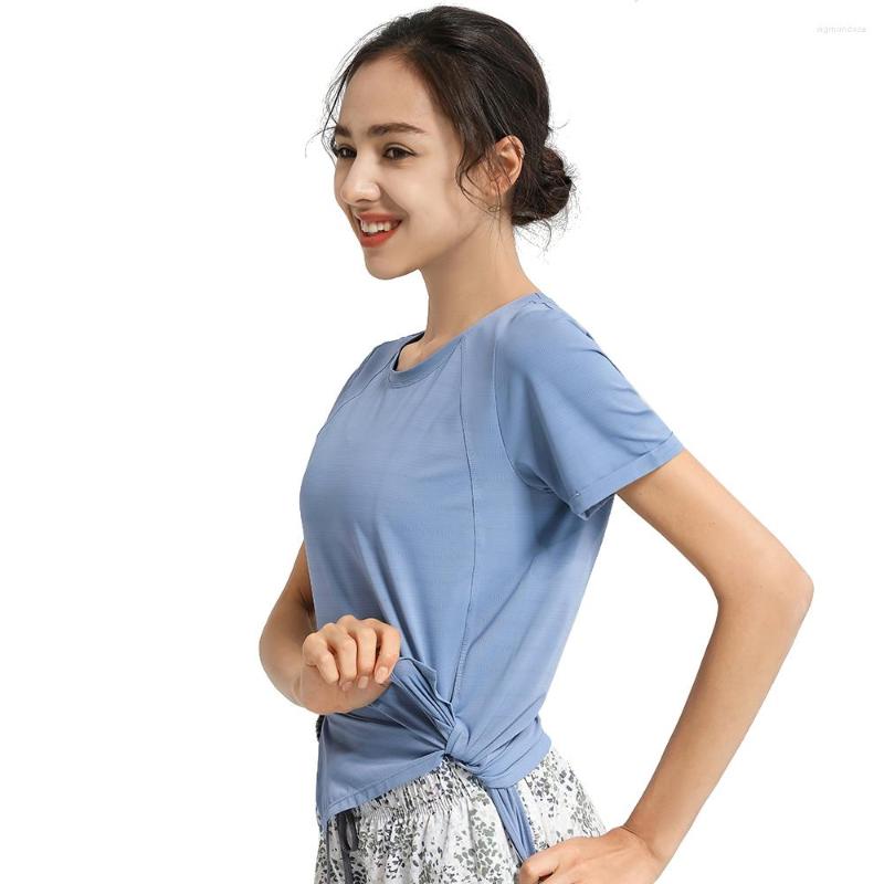 

Active Shirts Fitness Woman Sport Blouse Slit Nylon Mesh Breathable Solid Loose Gym Jogging Yoga Workout Short Sleeve T-Shirt, Blue