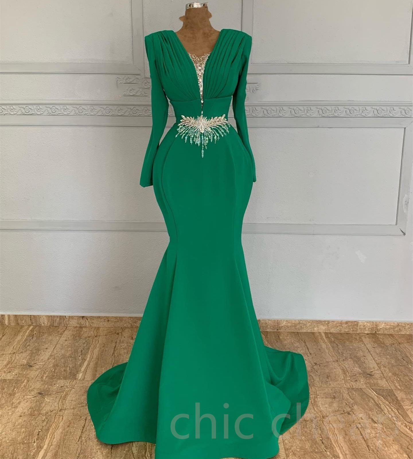 

2023 Aso Ebi Green Mermaid Prom Dress Beaded Crystals Satin Evening Formal Party Second Reception Birthday Bridesmaid Engagement Gowns Dresses Robe De Soiree ZJ419, Multi