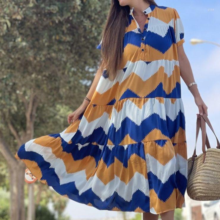

Casual Dresses 2023 Summer Bohemian Beach Long Dress Women Loose Temperament Wave Stripe Print Maxi Holdiay Pleated Vestidos, Style-3