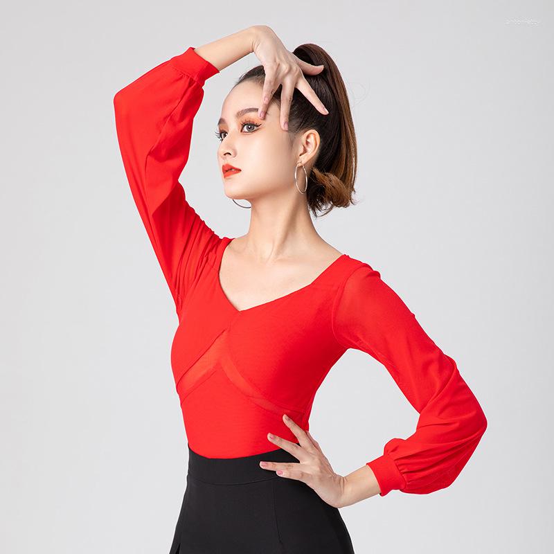 

Stage Wear Women Latin Dance Costume Lantern Sleeve Jumpsuit Long-sleeved Adult V-neck Practice Clothes Female National Standard Tops, Red tops