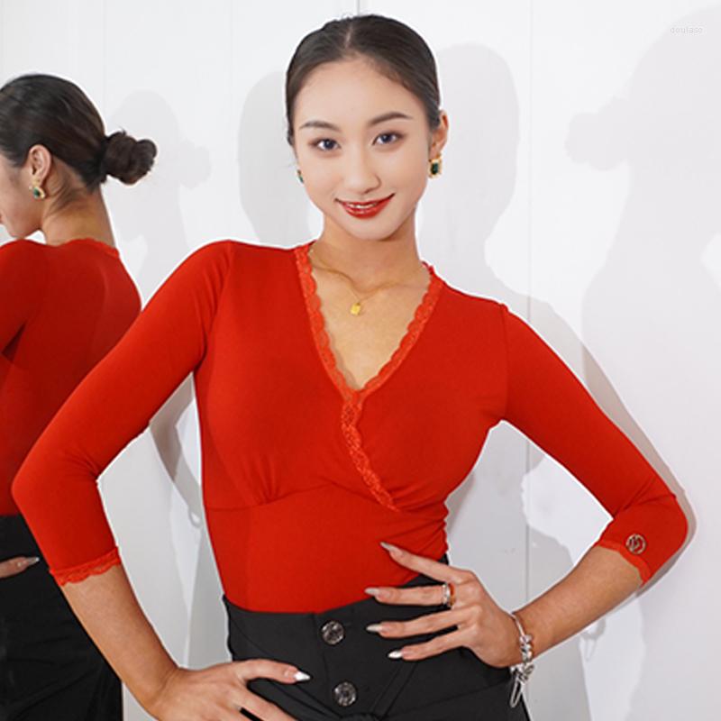 

Stage Wear V Neck Lace Summer Latin Dance Tops Women Ballroom Clothing Rumba Tango Costume Red Black Practice DNV17974, Blue