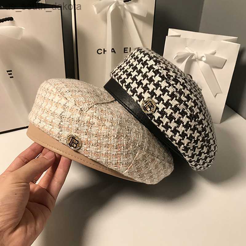 

New Autumn Winter Plaid Beret Hats For Women French Berets Fashion Female Houndstooth Berets Black Berets With Adjustable Rope L230523, Beige