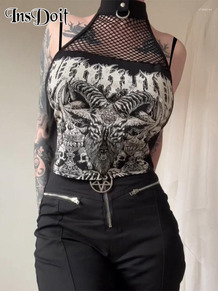 

Women' Tanks InsDoit Letter Print Punk Tank Tops Fishnet Gothic Grunge Harajuku Women Y2K Summer Vintage Black Sleeveless Streetwear