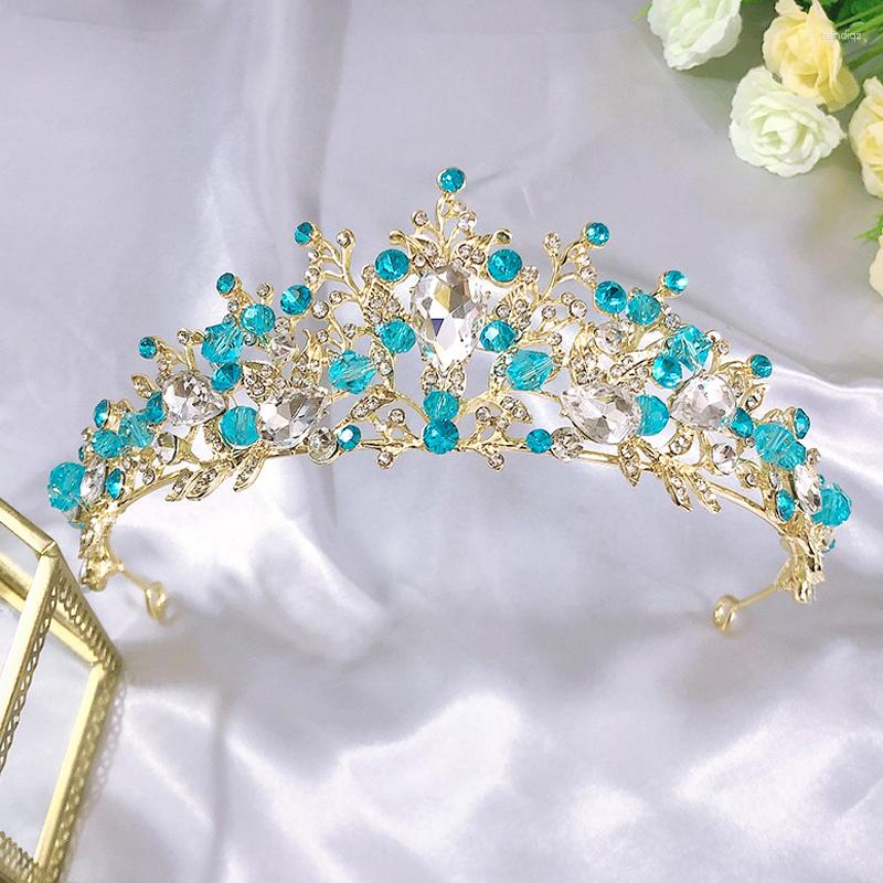 

Hair Clips Sparkly Sky Blue Crystal Beads Wedding Princess Crown Queen Tiara Rhinestone Bridal Diadem For Bride Prom Jewelry
