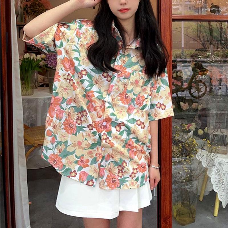 

Women' Blouses Streetwear Vintage Floral Button Up Shirt Women Harajuku Summer Short Sleeve Hawaii Beach Tops Loose Casual Ladies 2023, Pure style2