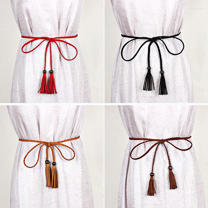 

Belts Fashion Designer Hand-knit Long PU Leather Braid Belt String Band With Tassel Casual Partty Dress For Women Girl, Red