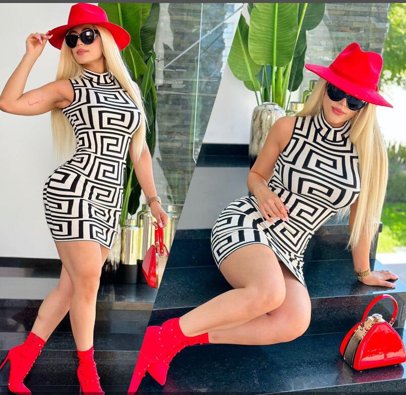 

new fashion Sexy Club Sleeveless Geometric Printed Dress Women Slim Wrap Hip Dresses Female Casual Party Beach Skirt 22GG, 02