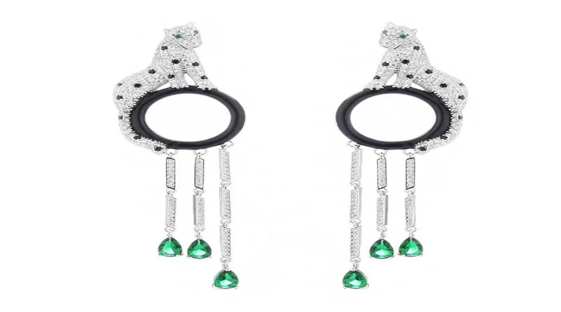 

Luxury Brand Party Jewelry Women Panthere Earrings 3D Full Diamond Leopard Drop Earrings Tassels Drop Water Green Stone Panthe1036789