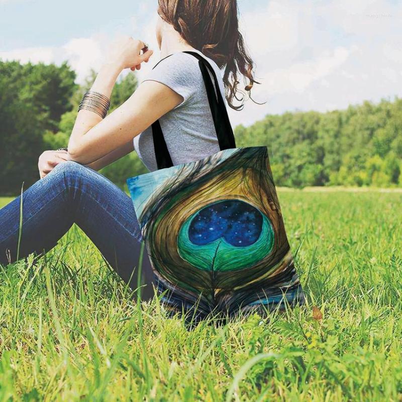 

Evening Bags Ladies Shoulder Bag Linen Fabric Art Peacock Feather Printed Tote Foldable Shopping Casual Totes Outdoor Beach