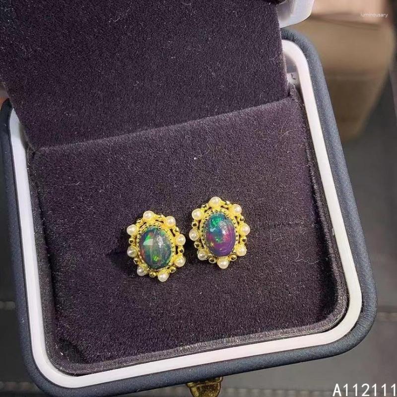 

Stud Earrings Fine Jewelry 925 Sterling Silver Inset With Natural Gems Women's Luxury Fashion Pearl Oval Black Opal Ear Support