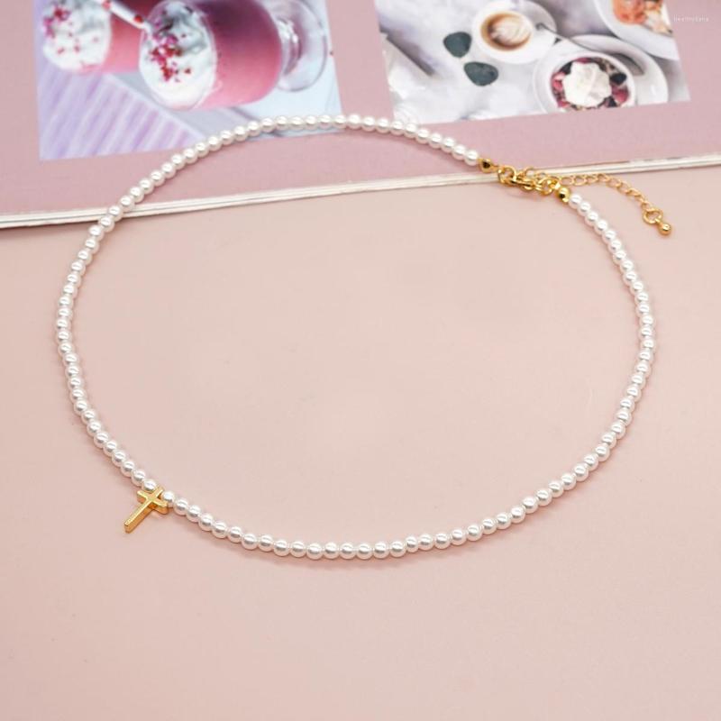 

Chains Imitation Pearl Pendant Necklace Boho Choker Necklaces Gold Plated Cross Chain Stainless Steel Jewelry Gift For Women Teen Girl