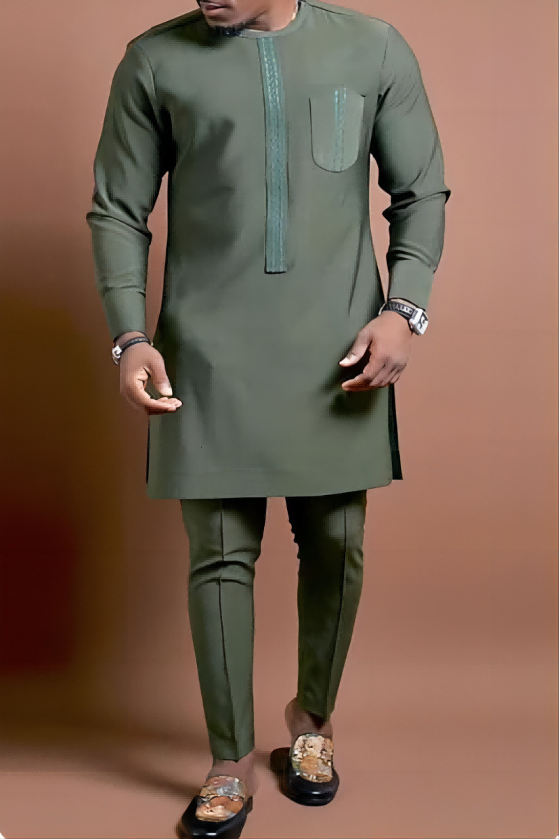 

Men's Tracksuits National style solid color men's round-neck suit two-piece set new in 230209, Green