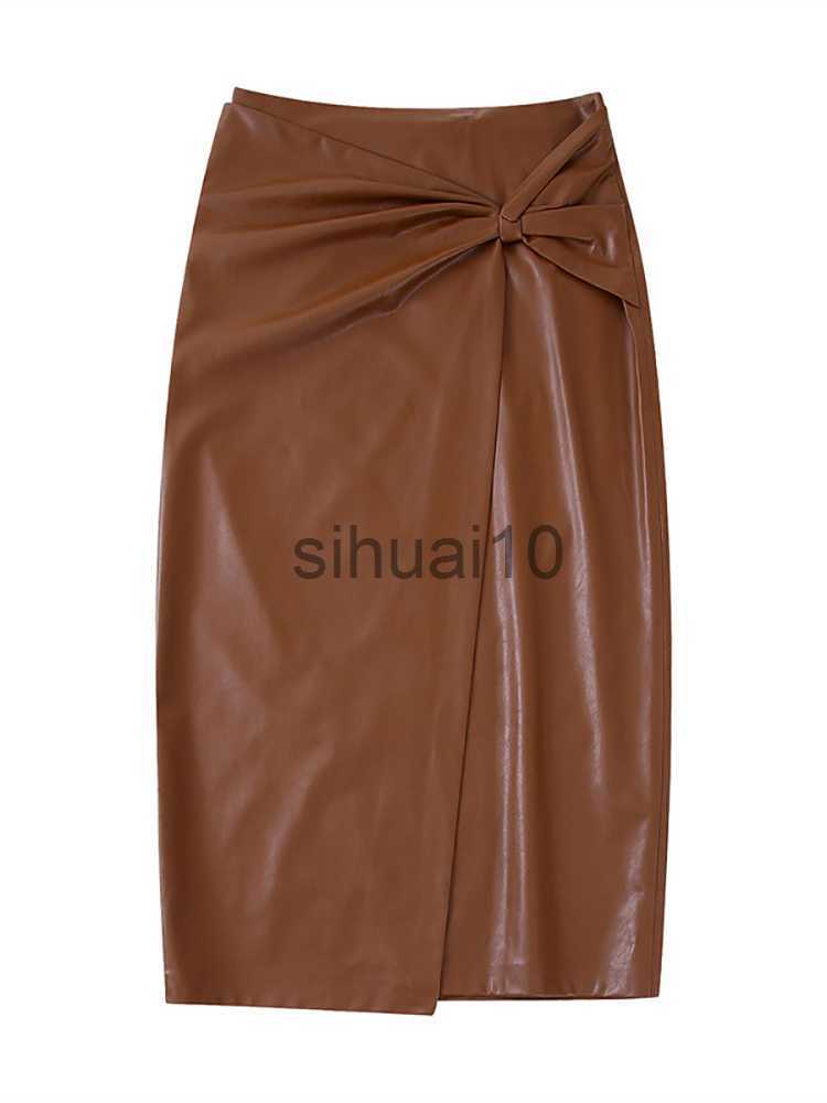 

Skirts Fitshinling PU Faux Leather Midi Skirts For Women Clothing 2023 New In Fashion Streetwear Slim Split Skirt Female Elegant Saias J230621, Brown