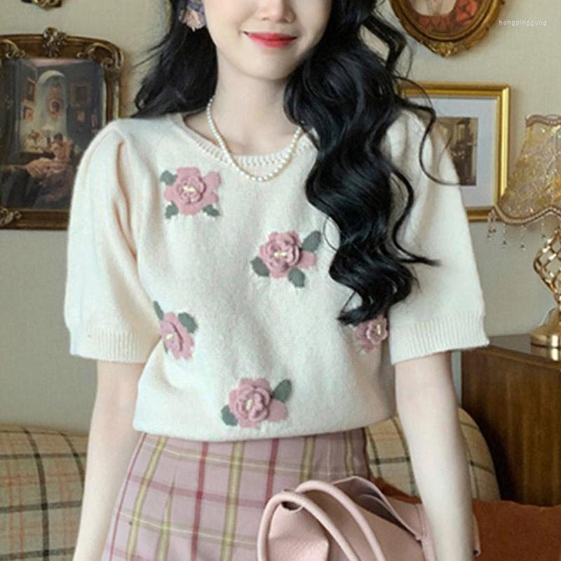 

Women's Sweaters Flower Puff Short Sleeve Knitted Pullover Women 2023 Spring Summer French Vinage Pastoral Chic Romantic Sweet Style Cute, Beige pullover