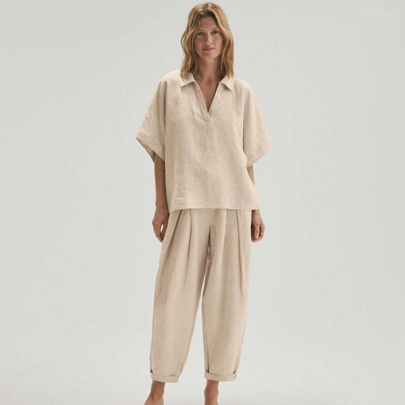 

Women' Sleepwear Khaki Cotton Women' Suit Half Sleeve Women Pajama Set Lapel V Neck Nightwear Spring Home Loose Pant Sets 2023