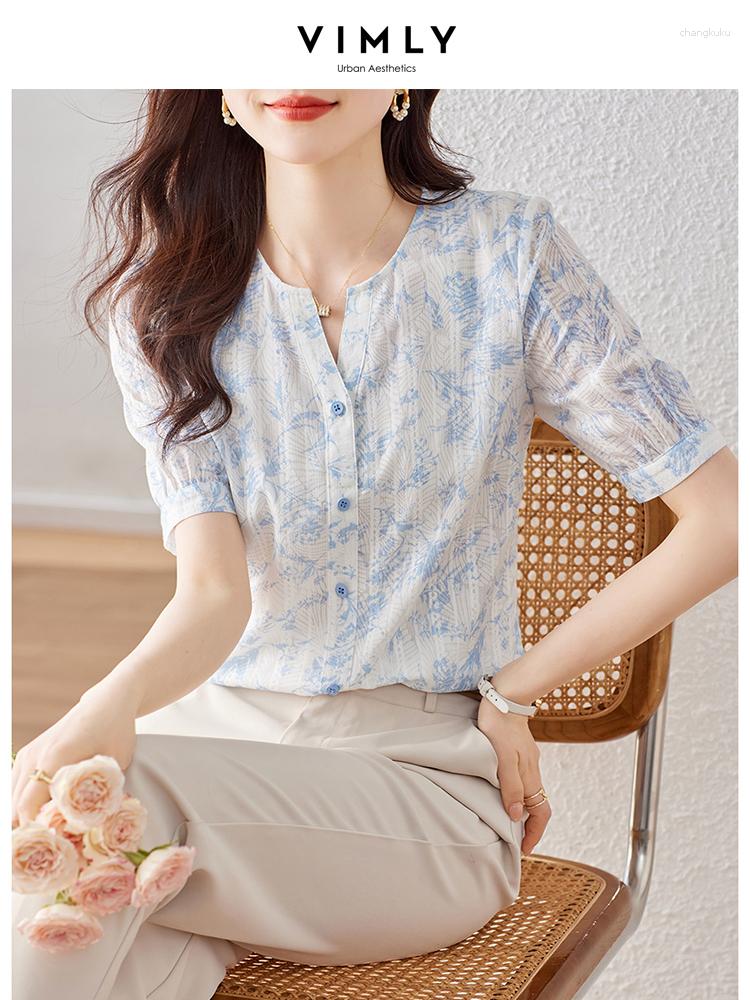 

Women' Blouses & Shirts Vimly Women' Chiffon & Short Sleeves French Chic Tops Straight Office Lady Thin Floral Elegant Female, White blue
