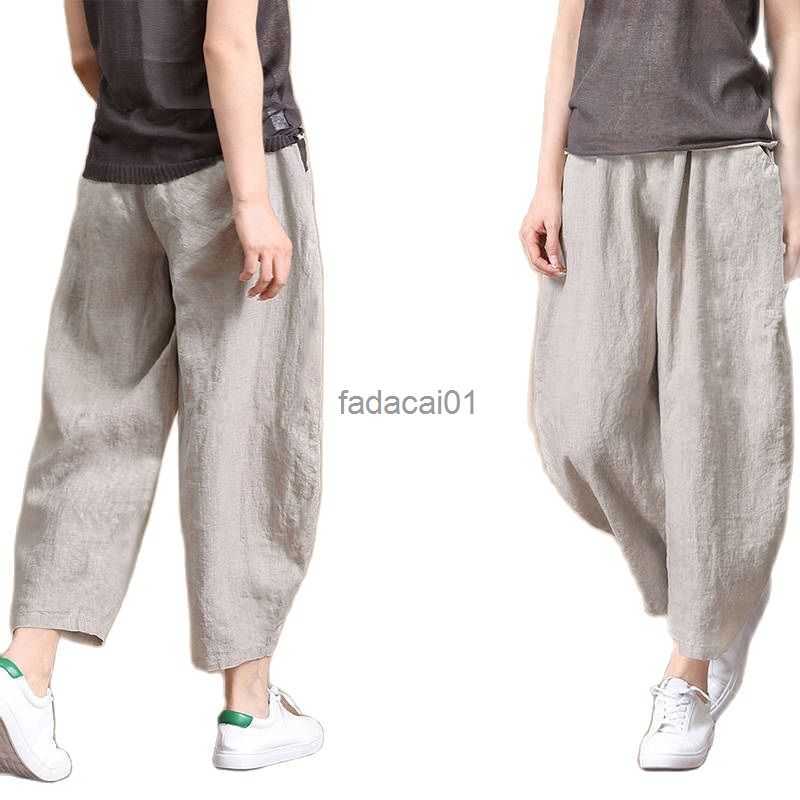 

Cotton Women Pants Summer Nine Cent Large Size Anti Cotton Hemp Elastic Waist Wide Leg Pants Female Casual Pants Trousers P3 221 L230621, As photo