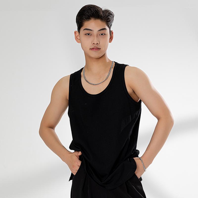 

Stage Wear Summer Latin Dance Clothing Male Adult Vest Round Neck Sleeveless Ballroom Tops Rumba Cha Practice Clothes BL10676, Black