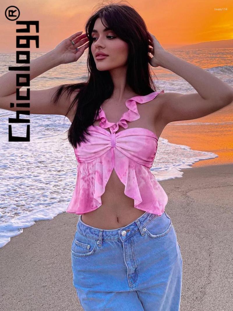 

Women' Tanks Chicology Fashion Ruffles Crop Top Printed Beach Vacation Summer Streetwear Daily Party Sexy 2023 Women Clothes For Wholesale, Pink