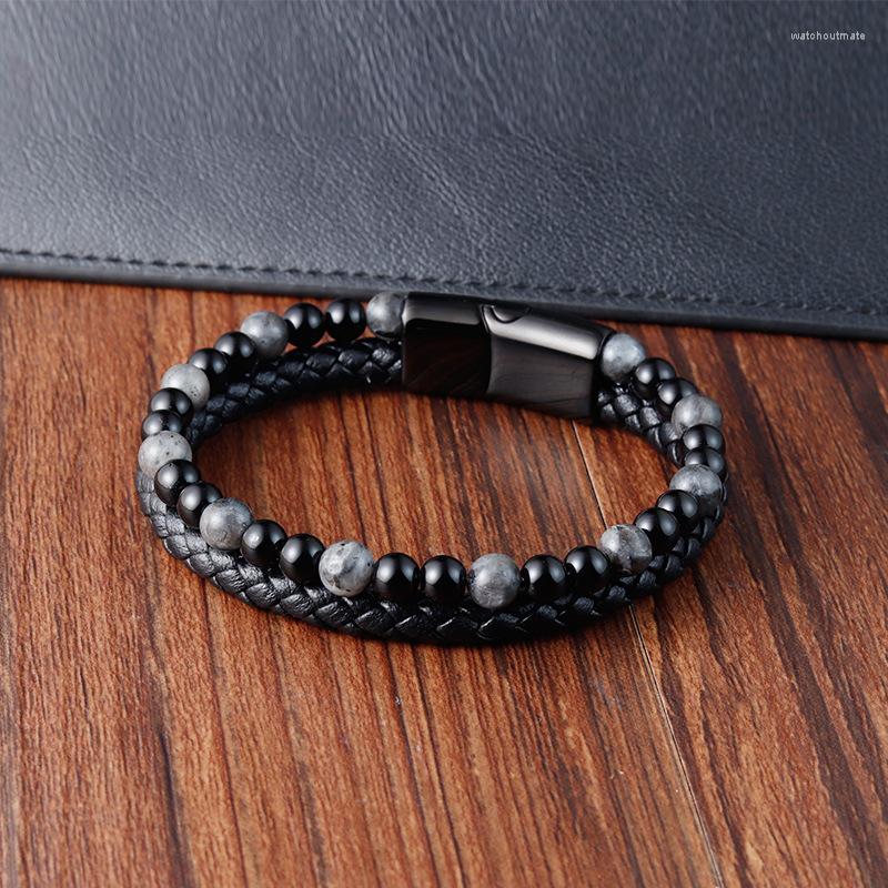 

Charm Bracelets Luxury Natural Stone Beads Men's Bracelet Genuine Leather Braided Stainless Steel Multilayer Lover's Gift