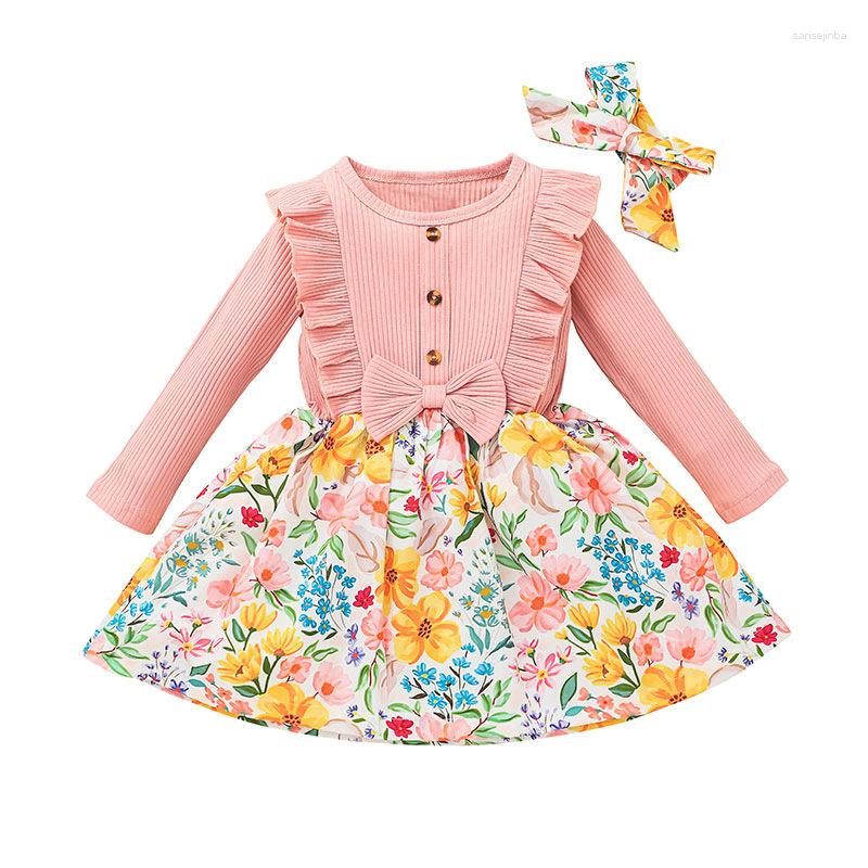 

Girl Dresses Cute Girls Dress Bow Floral Print Princess Long Sleeve Party Vestidos Ruffle Knitted Flower Casual Baby Clothes, Pink