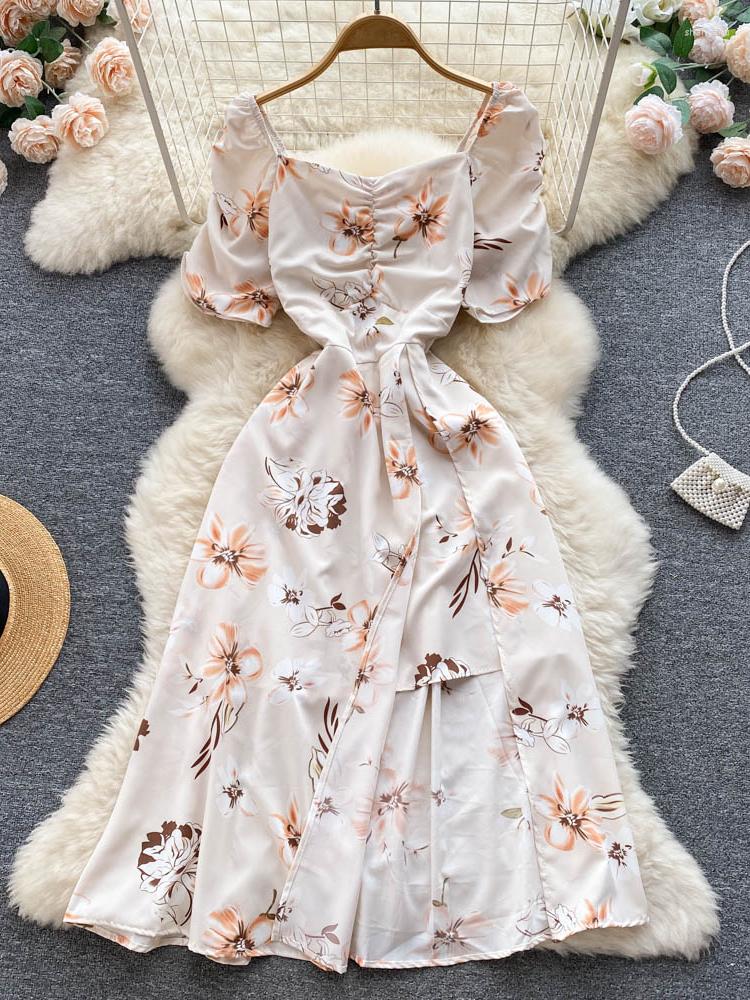 

Party Dresses 2023 Summer Women Floral Dress French Style Ladies Printed Breeze Low Cut Slim Swing A-line Split Vestidos De Mujer, Black