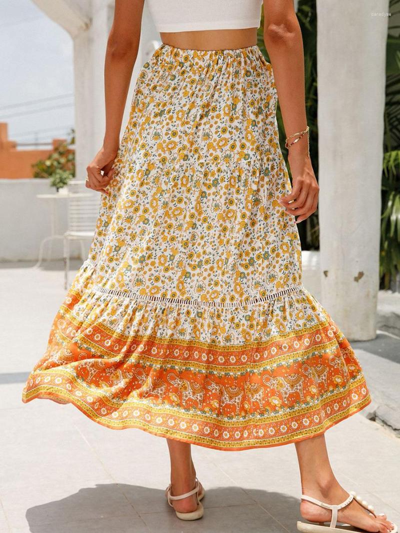 

Skirts Yassiglia Langer Rock Damen Sommer Stufenrock Boho Maxirock Elastisch Hohe Taille Sommerrock A-Linie Strandrock Eleagnt Lang, A-yellow floral