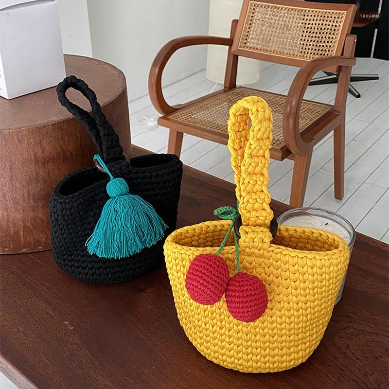 

Evening Bags Cotton Rope Woven Women's Shoulder Bag Bohemian Handmade Crossbody Knitted Summer Bucket Straw Beach Female Handbags, Yellow