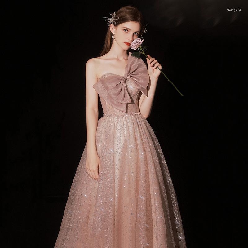 

Ethnic Clothing Elegant One Shoulder Long Prom Dresses Women 2023 Sexy Pink Bow Evening Party Gowns Vestidos De