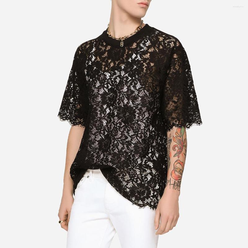 

Men' T Shirts Men Shirt Sexy Lace Transparent Hollow Out Short Sleeved O-neck Tee Tops 2023 Summer Nightclub Clothing Streetwear Male, Black