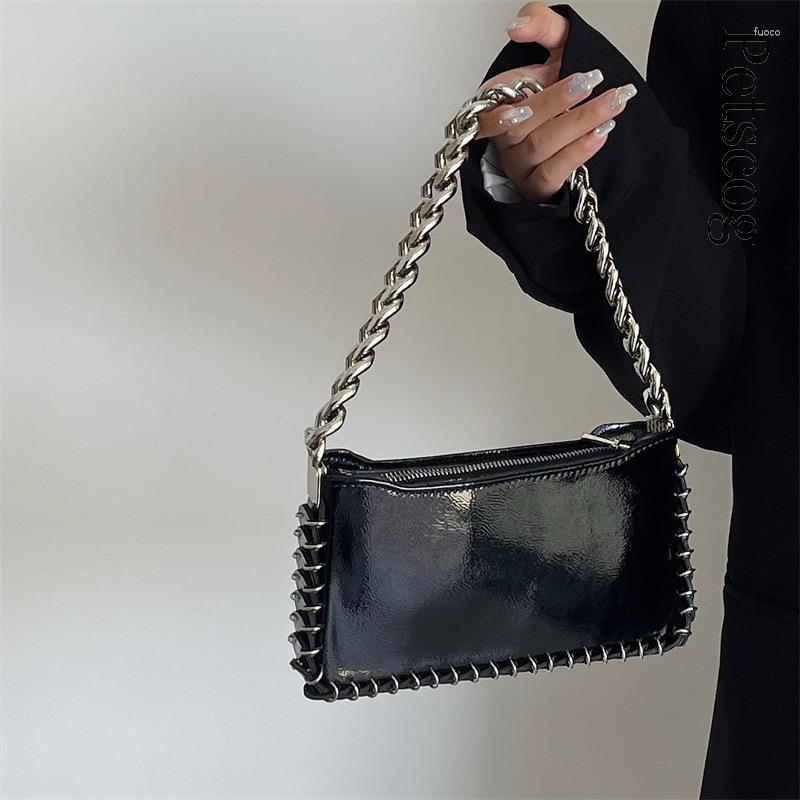 

Evening Bags Designer Luxury Handbags For Lady Chains Handle Square Zipper Underarm Hobo Purse Y2k Fashion Glossy Leather Shoulder Black