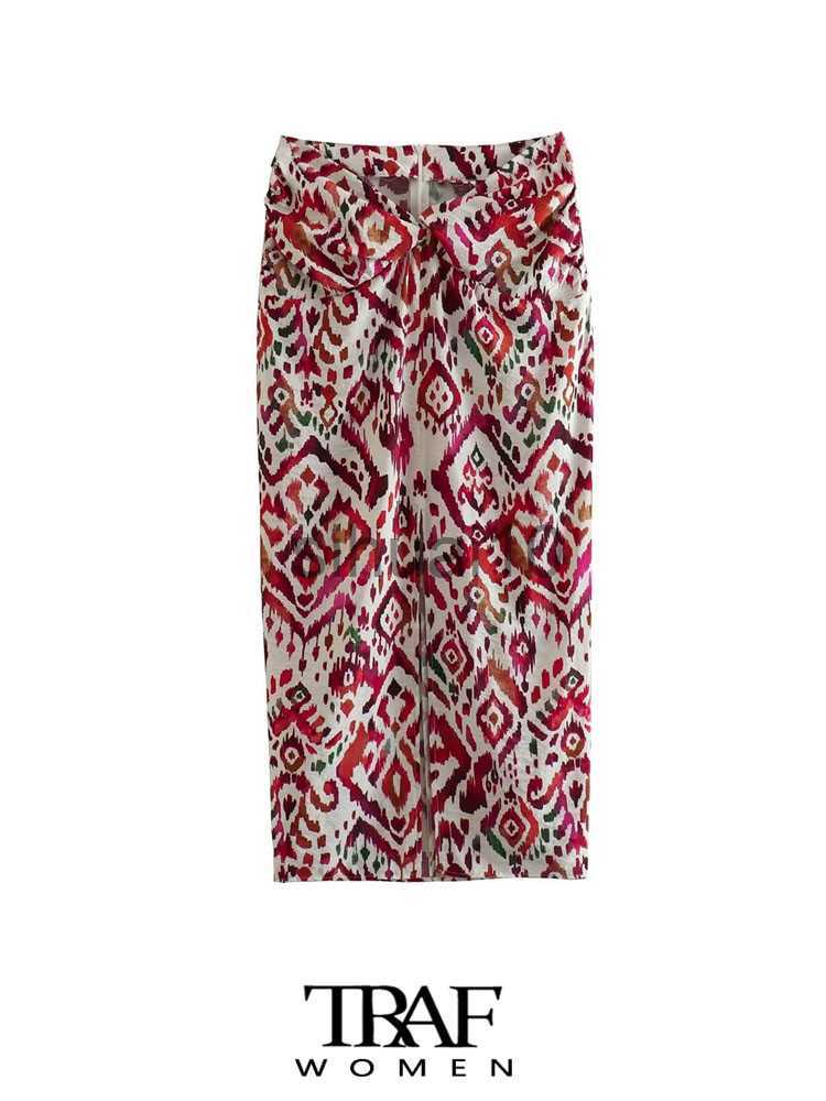 

Skirts TRAF Women Fashion With Gathered Front Slit Print Midi Skirt Vintage High Waist Back Zipper Female Skirts Mujer J230621, As picture