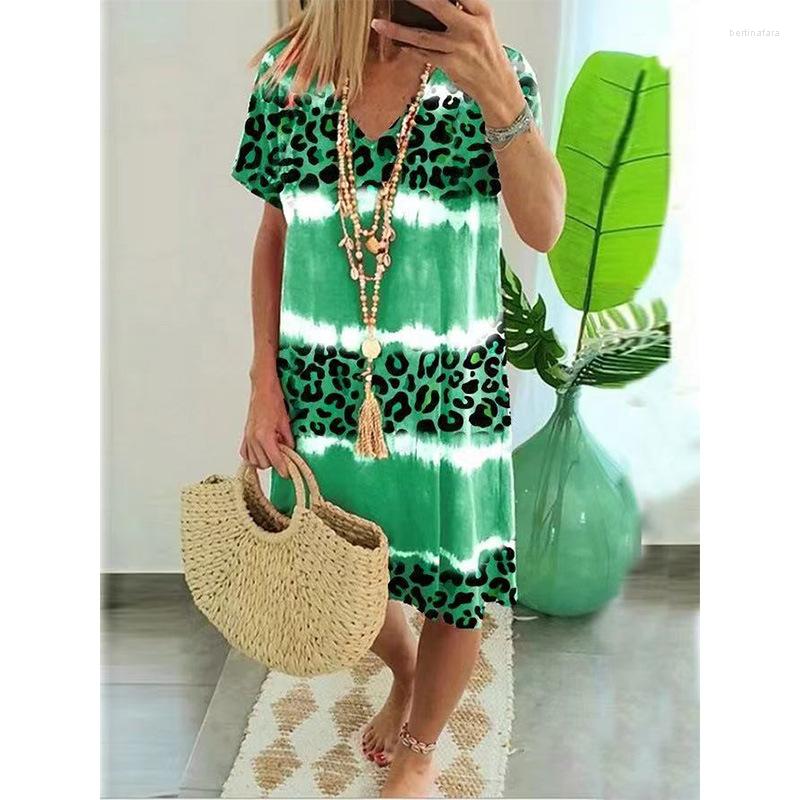 

Casual Dresses For Women 2023 Summer Fashion Sexy Leopard Print Mid Length Short Sleeve Women's