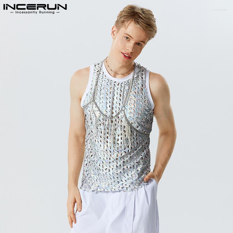 

Men' Tank Tops INCERUN Men Sparkling O-neck Sleeveless Hollow Out Sexy Vests Summer Streetwear 2023 Fashion Party Nightclub, Pink